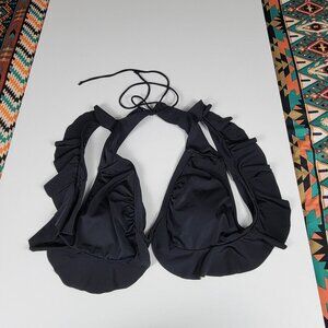 Summer Mac Swim Top Size L Black Lace Up Back  Ruffle Trim Removable Pads